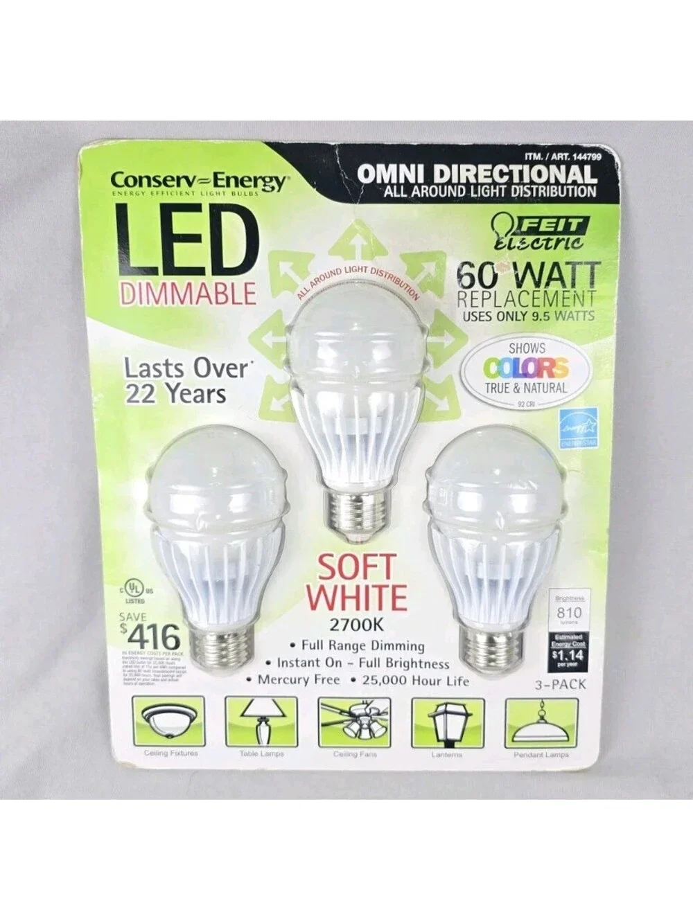Feit Electric 60W Omni Directional Dimmable LED 3 Pack Light Bulbs Soft White